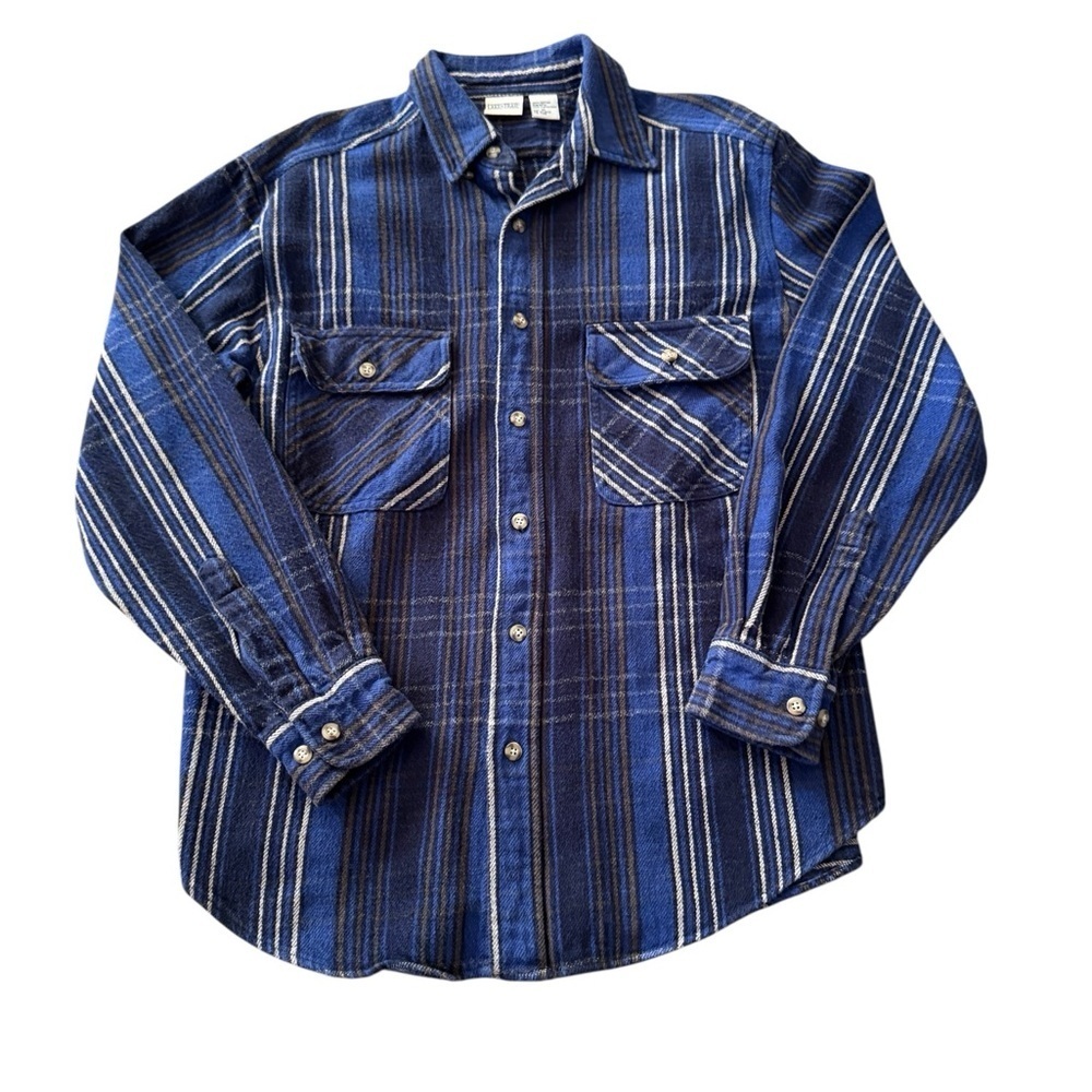 Lake & Trail Vintage Flannel Shirt Mens Medium Blue Plaid Button Up 100% Cotton
